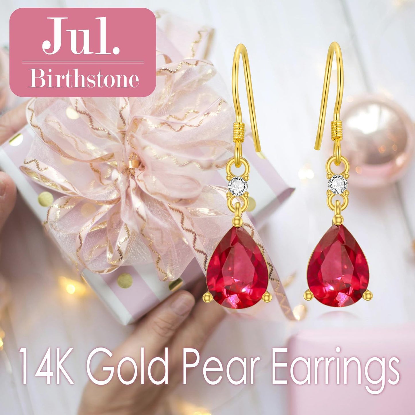Pendientes colgantes de oro de 14 quilates con gema artificial talla pera de 3 quilates y piedra de nacimiento