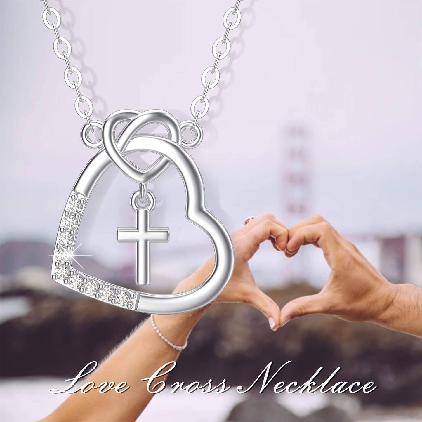 14K Gold CZ Heart with Cross Pendant Necklace