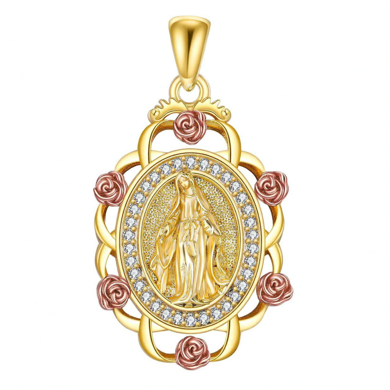 Virgin Mary Pendant Necklace | Gold 925 Sterling Silver with Cubic Zirconia | 24" Chain