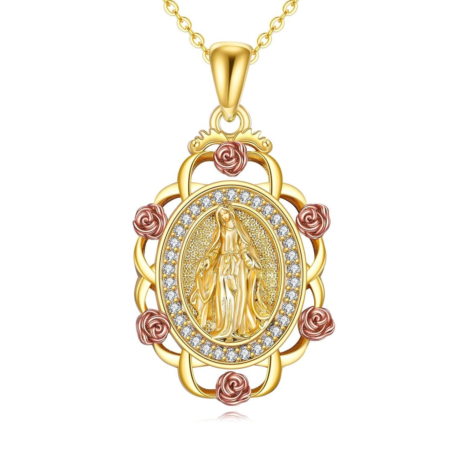 Virgin Mary Pendant Necklace | Gold 925 Sterling Silver with Cubic Zirconia | 24" Chain