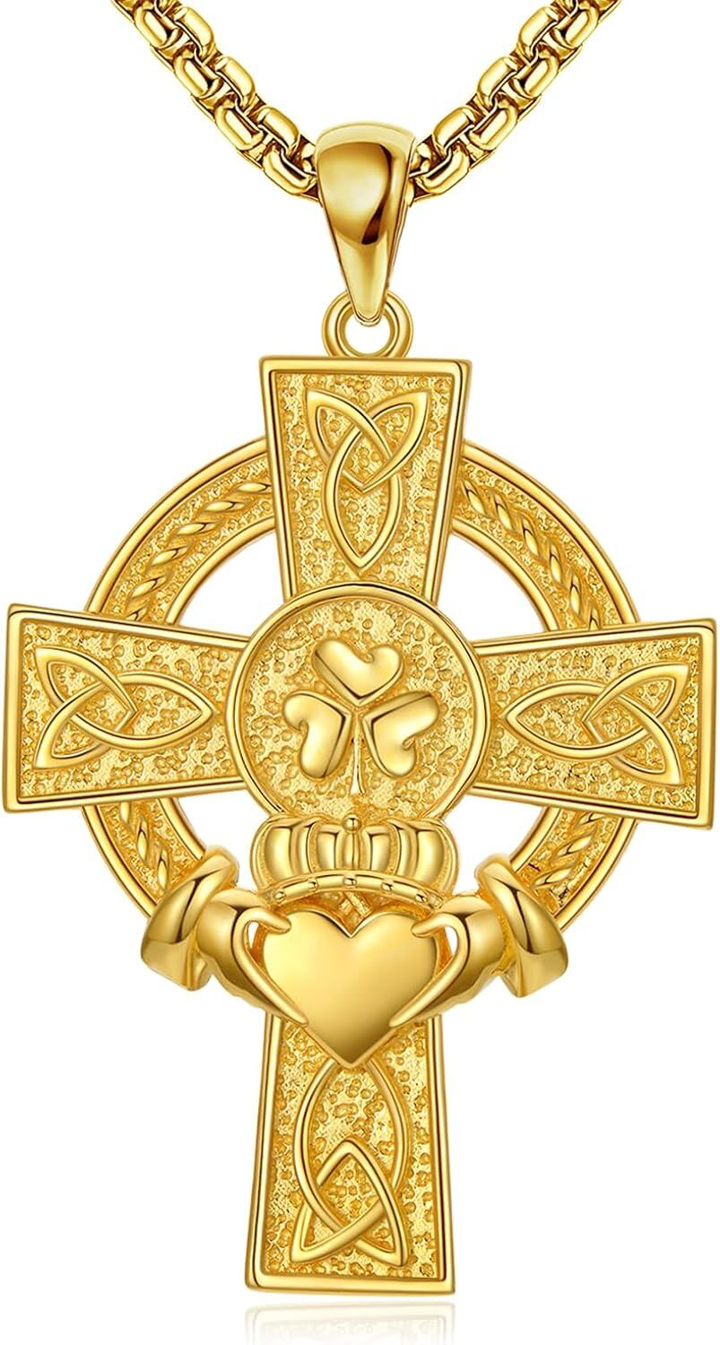 925 Sterling Silver Celtic Knot Trinity Shamrock Cross Pendant Necklace  with Stainless Steel Chain for Men & Women -