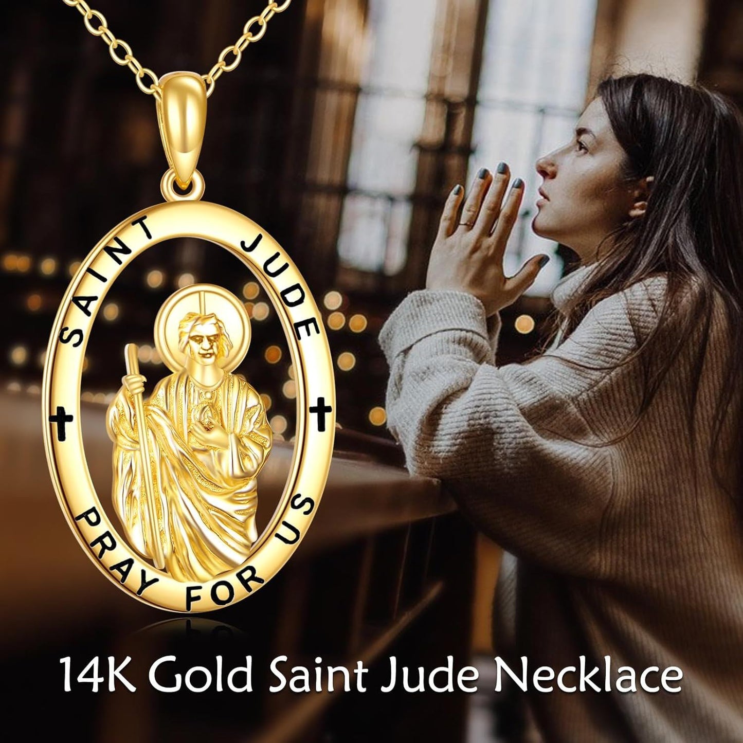 Pulsera de oro de 14 quilates con medalla de San Judas para hombres y mujeres, joyería de protección católica de 7+2 pulgadas