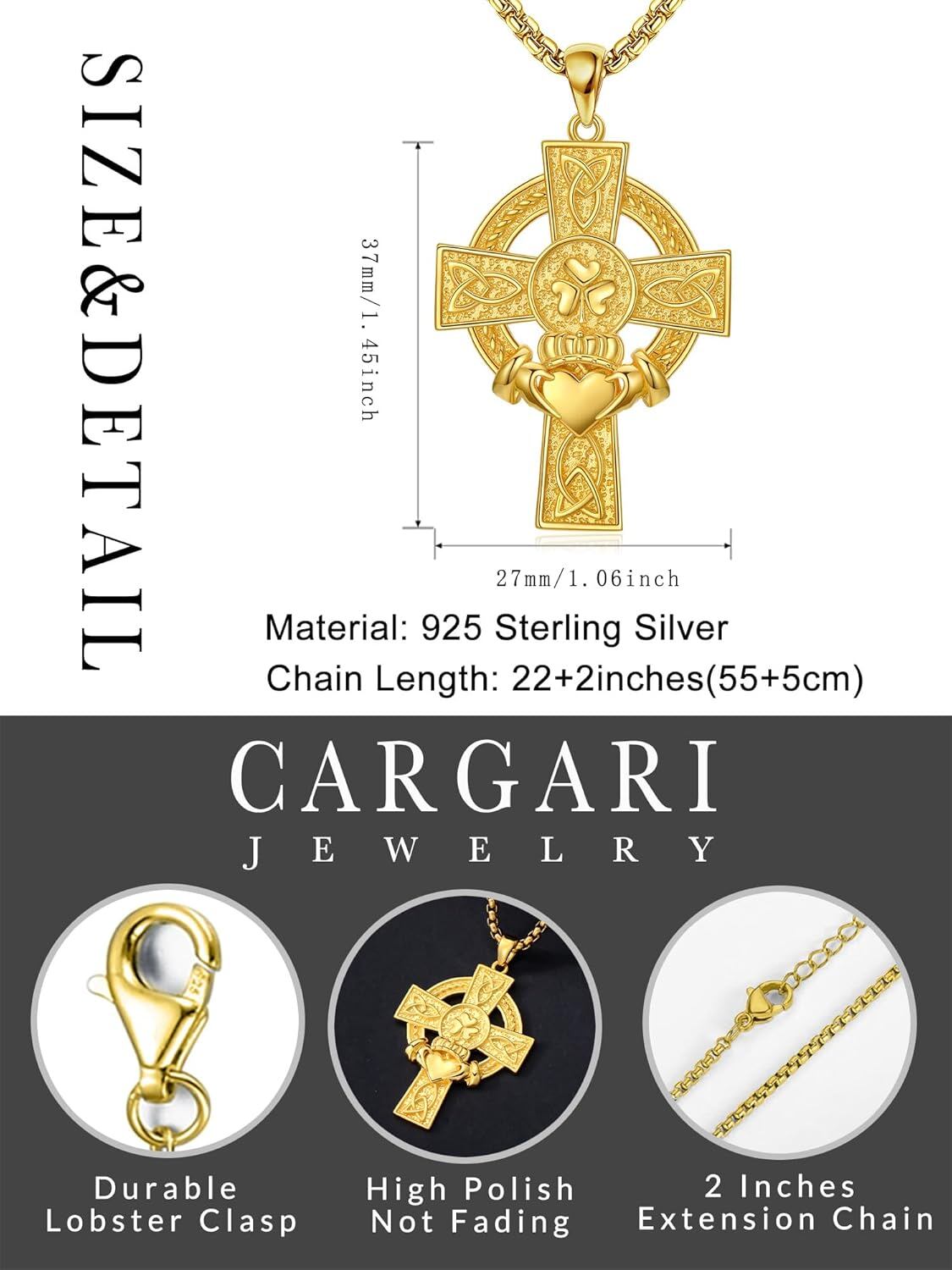 925 Sterling Silver Celtic Knot Trinity Shamrock Cross Pendant Necklace  with Stainless Steel Chain for Men & Women -