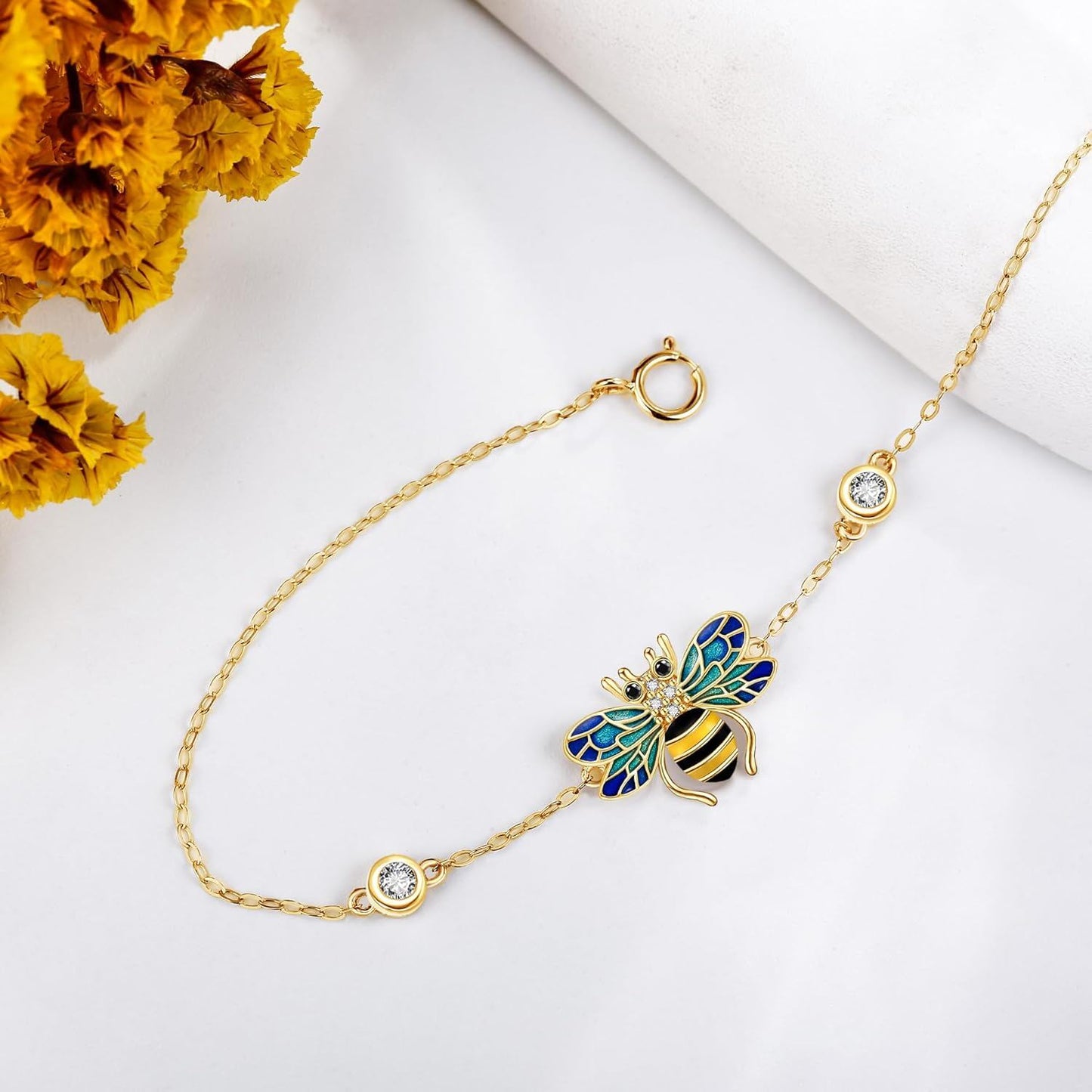 14k Gold Bee Bracelet With Blue Enamel Wings And Lab Diamond Accents