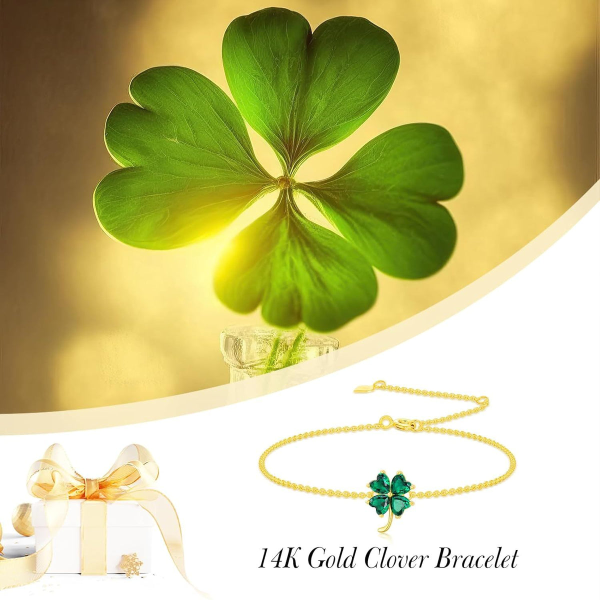 14k Gold Green Four Leaf Clover Bracelet