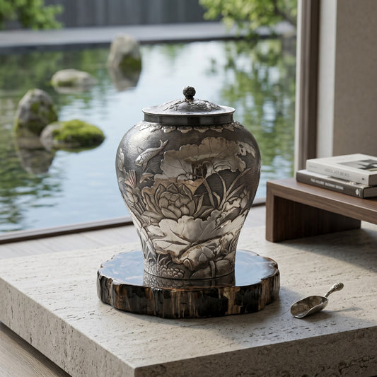 925 Sterling Silver Ornate Silver Repoussé Jar Featuring Exquisite Hand-Carved Lotus and Koi Fish Motifs - Handicraft