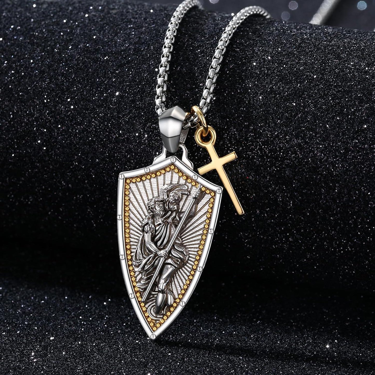 Sterling Silver Saint Michael Shield Cross Necklace for Men