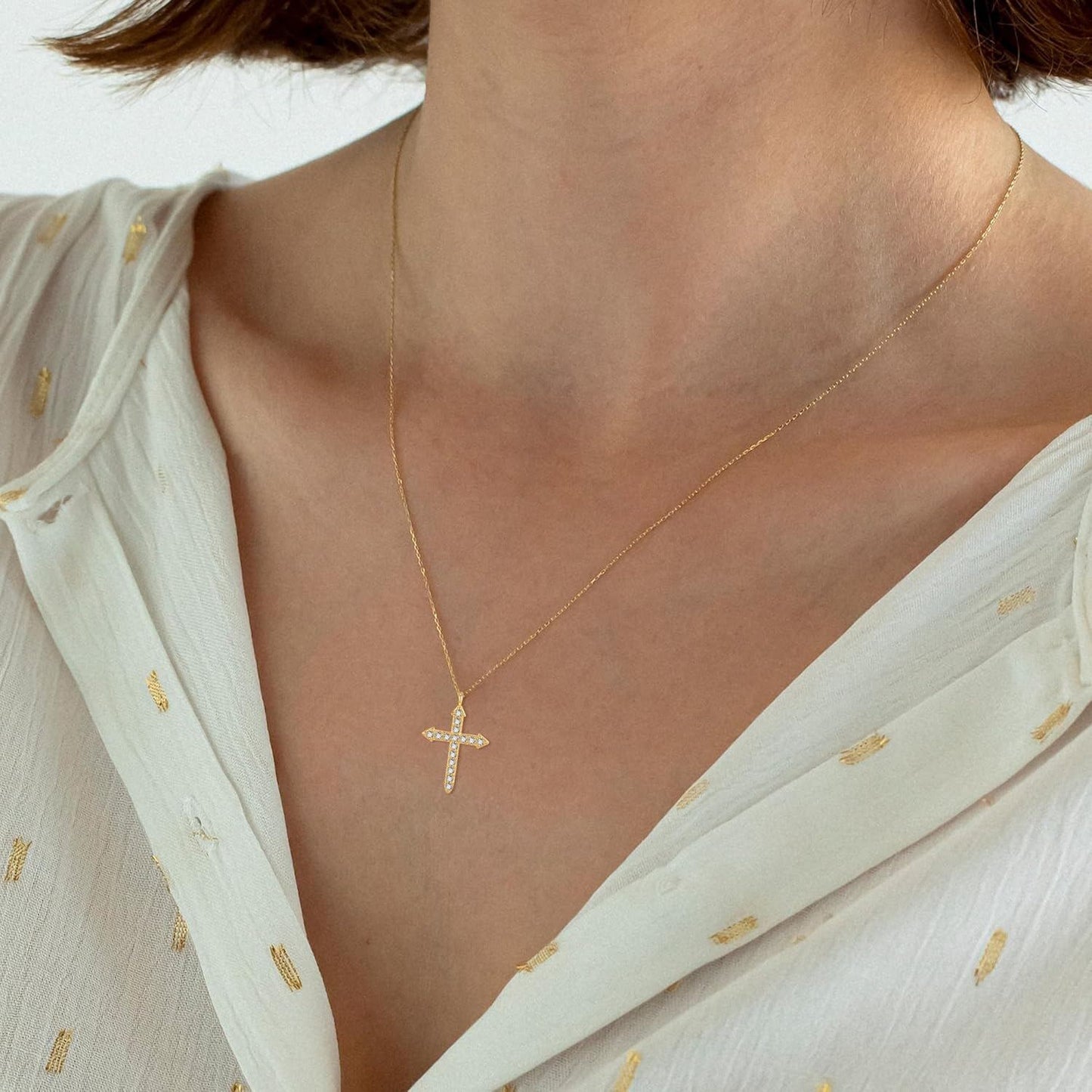 14K Gold Cross Pendant Necklace with Cubic Zirconia