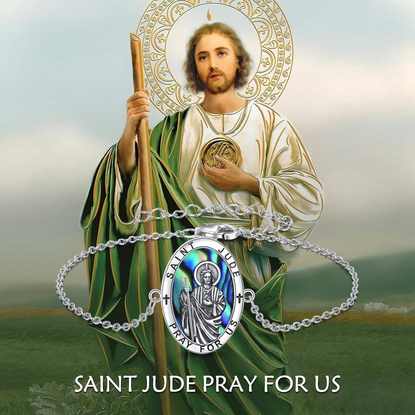Pulsera de oro de 14 quilates con medalla de San Judas para hombres y mujeres, joyería de protección católica de 7+2 pulgadas