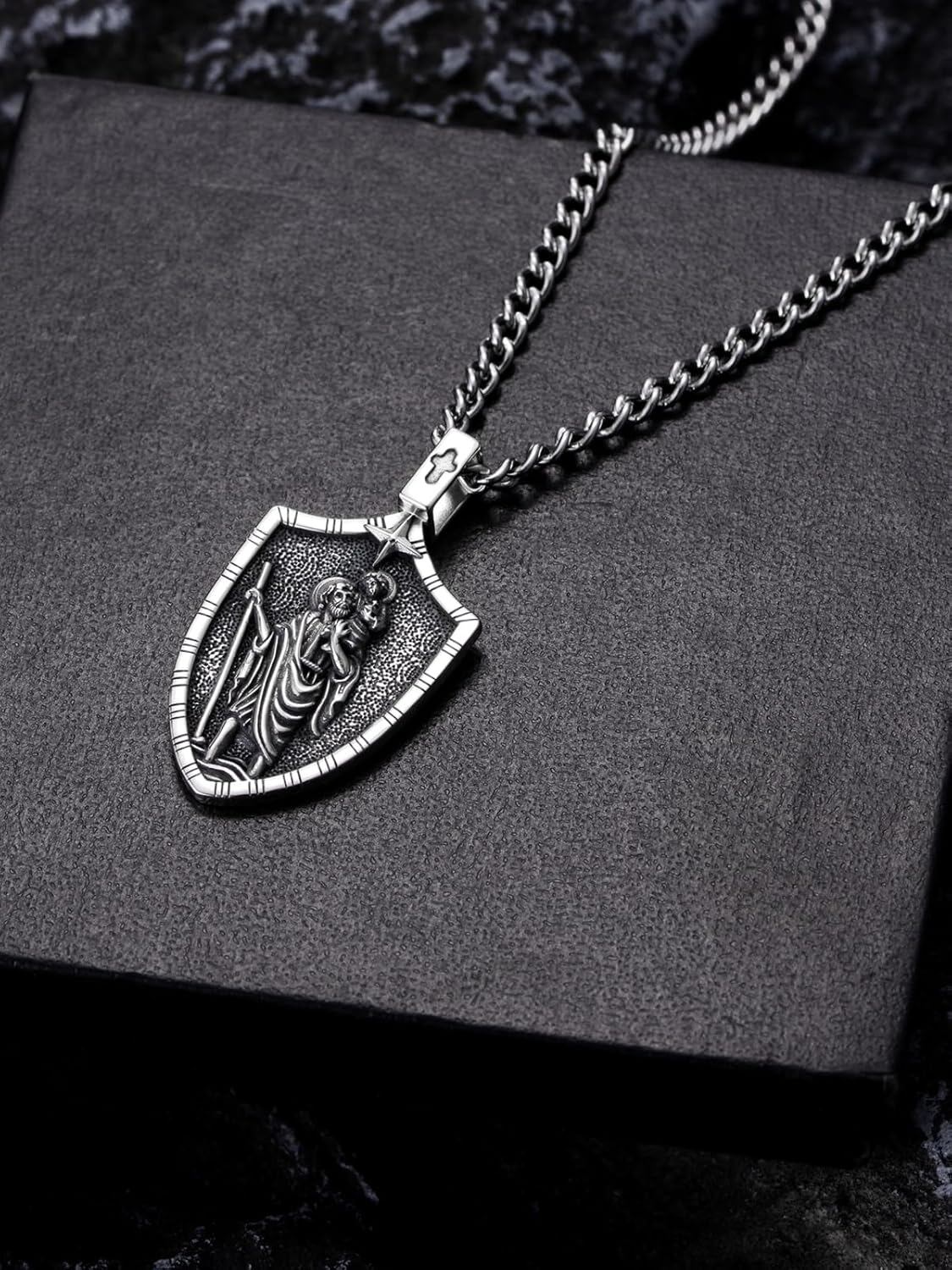 925 Sterling Silver St Christopher Shield Pendant Necklace