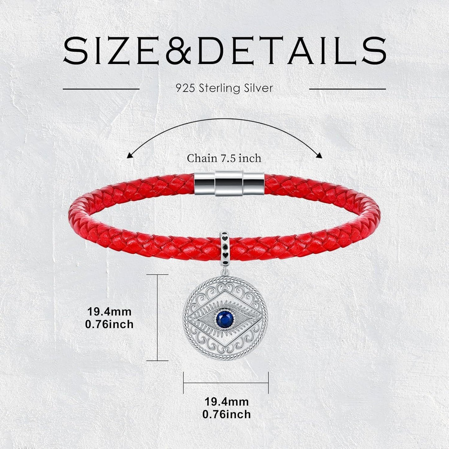 925 Sterling Silver Evil Eye Pendant Red Leather Bracelet With Blue Zircon