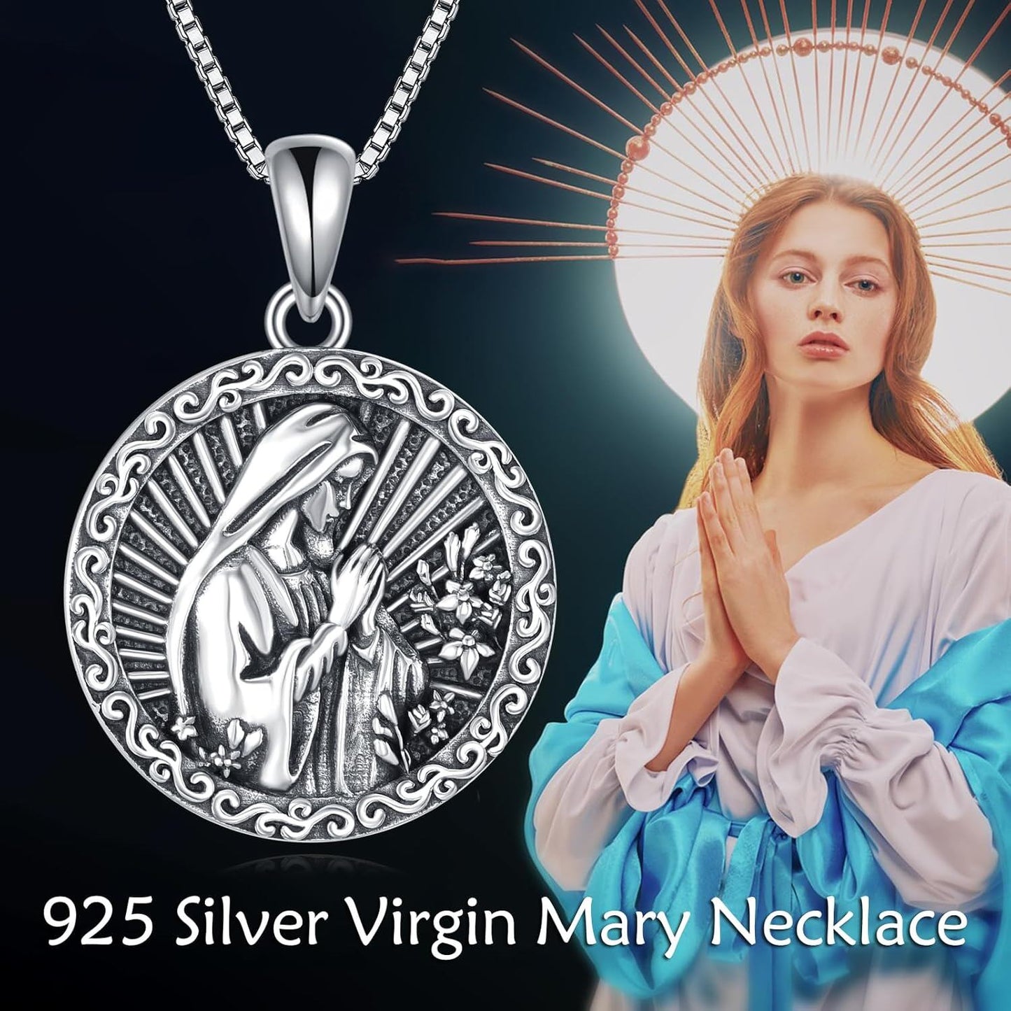 925 Sterling Silver Virgin Mary Pendant Necklace with Oxidized Finish – Elegant Religious Jewelry Gift