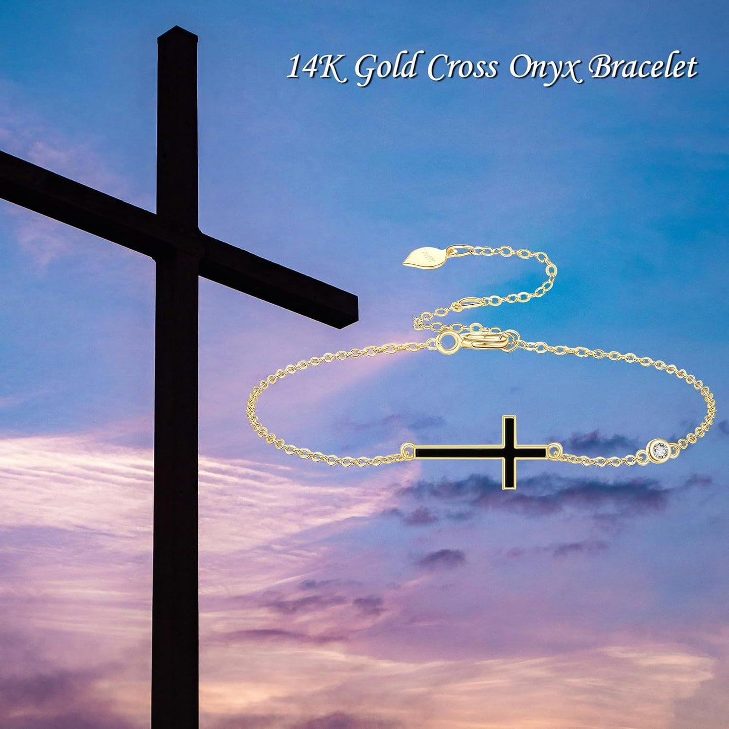 14k Gold Cross Bracelet With Black Enamel And Lab Diamond Accent