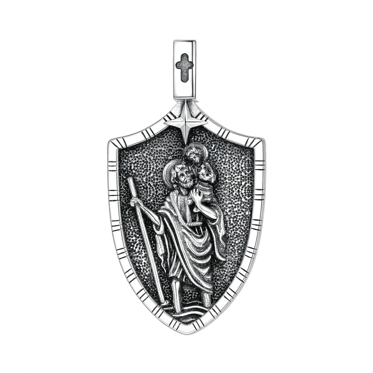925 Sterling Silver St Christopher Shield Pendant Necklace