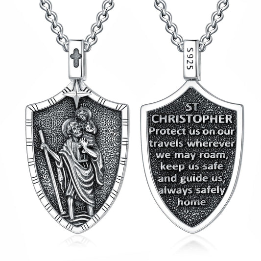 925 Sterling Silver St Christopher Shield Pendant Necklaces  for Men & Women