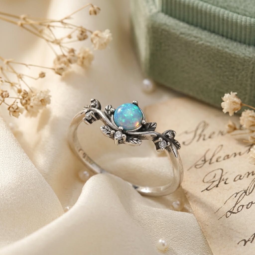 Anillo de hoja de plata de ley con circonita cúbica y ópalo de imitación