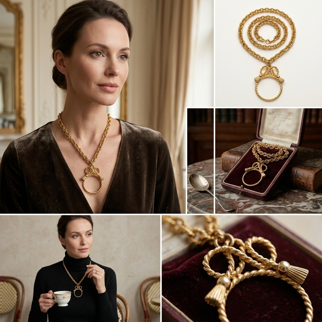 Vintage Gold Tone Bow Lens Pendant Necklace With Rope Chain