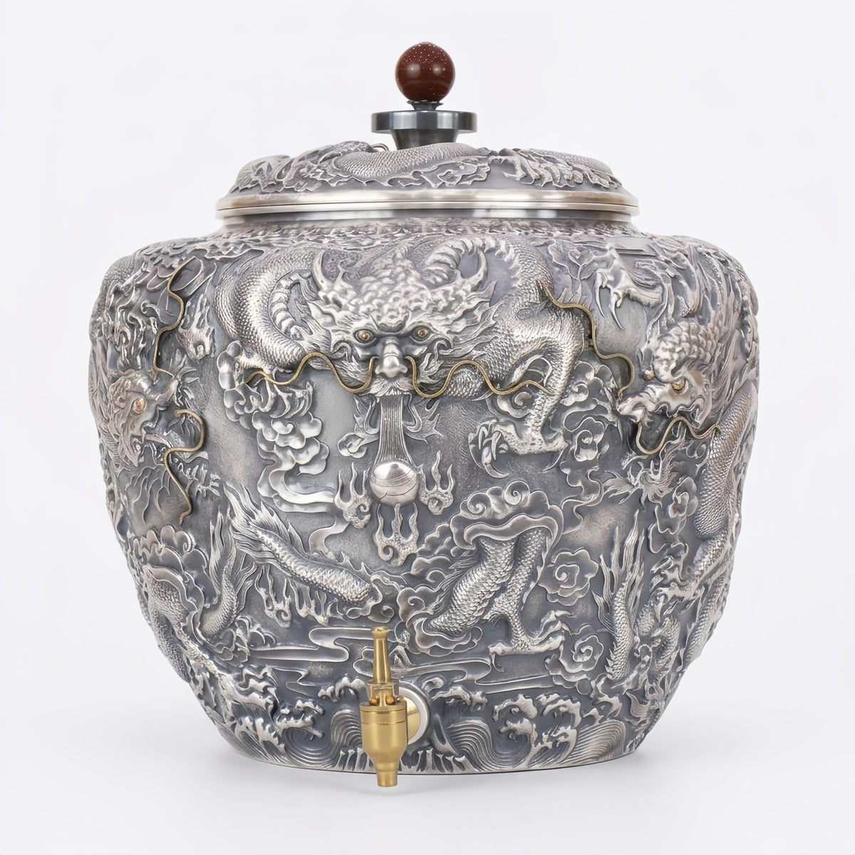 999 fine silver dragon water vessel with lid, tap and red gemstone finial, 27 litre