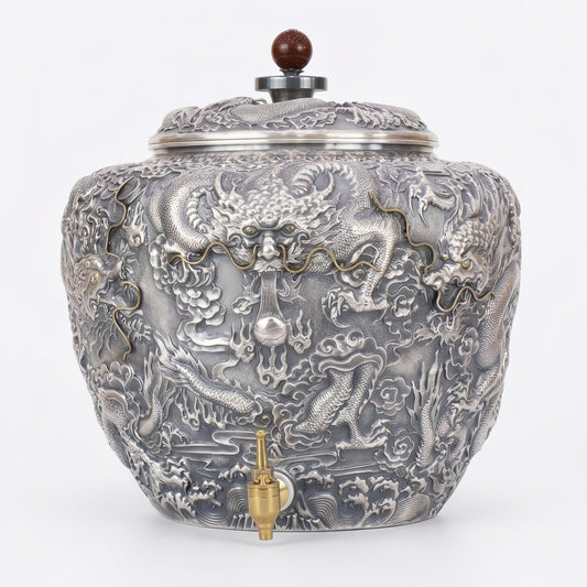 999 fine silver dragon water vessel with lid, tap and red gemstone finial, 27 litre