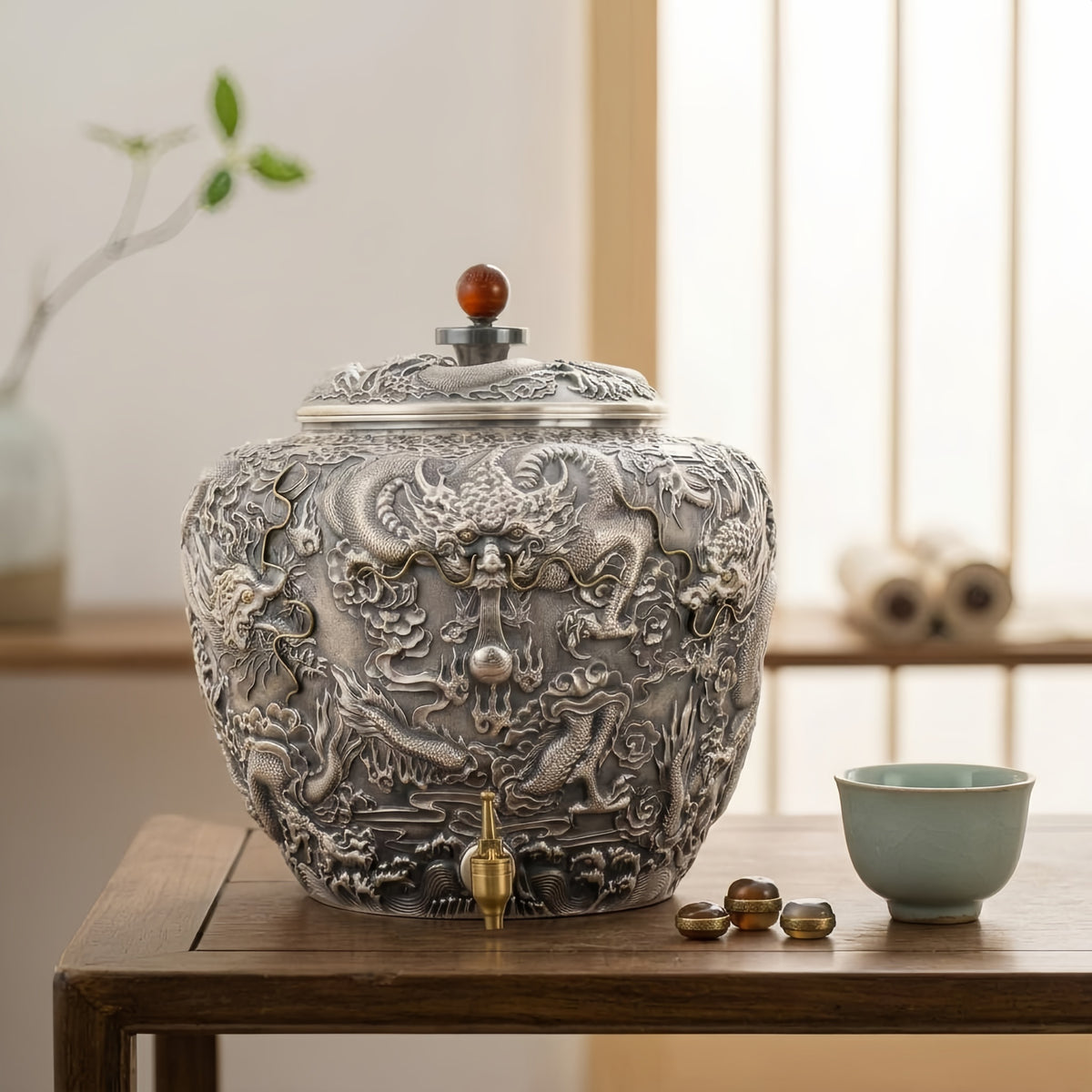 Detail of three-dimensional dragon scales and cloud relief on the fine silver vessel
