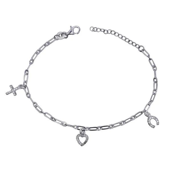 Charm Bracelet with White Cz Cross, Open Heart & Horseshoe