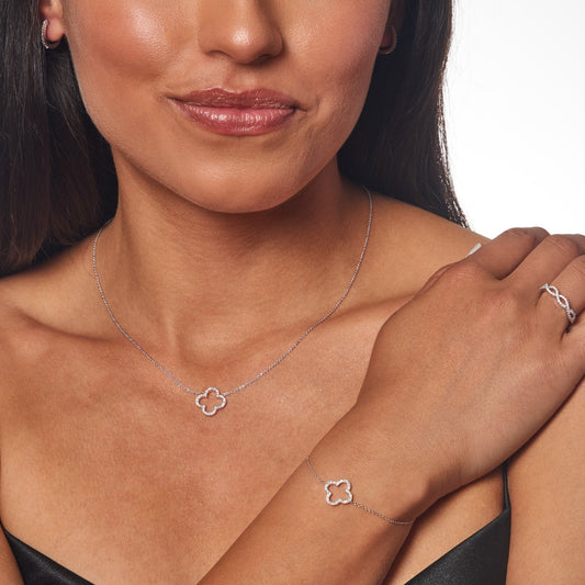 9K White Gold Diamond Clover Necklace 45cm With 40 Diamonds