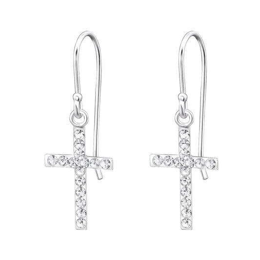 Silver Cross Earrings with Crystal