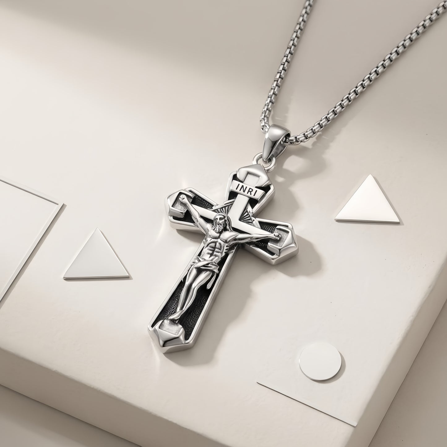 Men's Crucifix Pendant Necklace | Sterling Silver & Stainless Steel | INRI Inscription