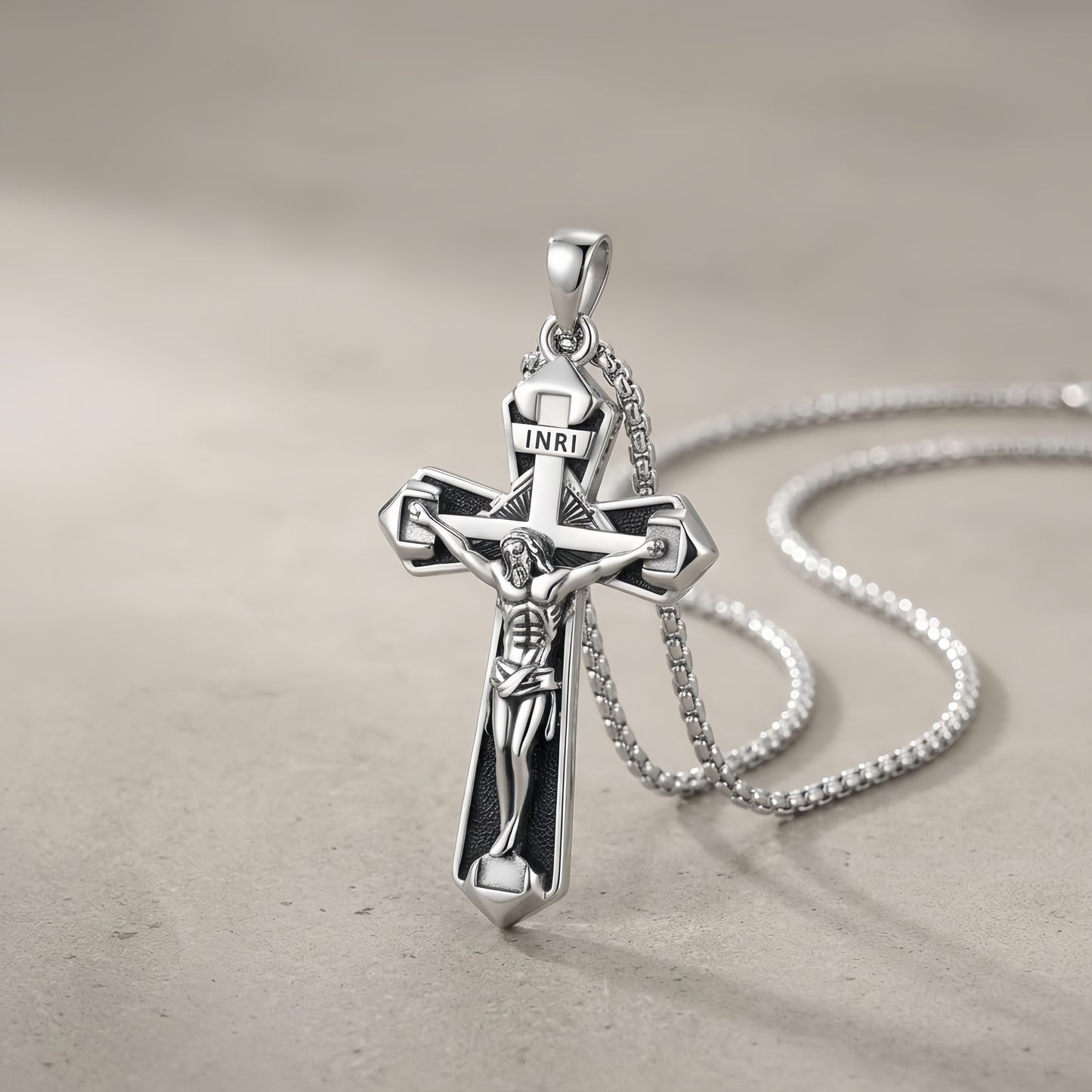 Men's Crucifix Pendant Necklace | Sterling Silver & Stainless Steel | INRI Inscription