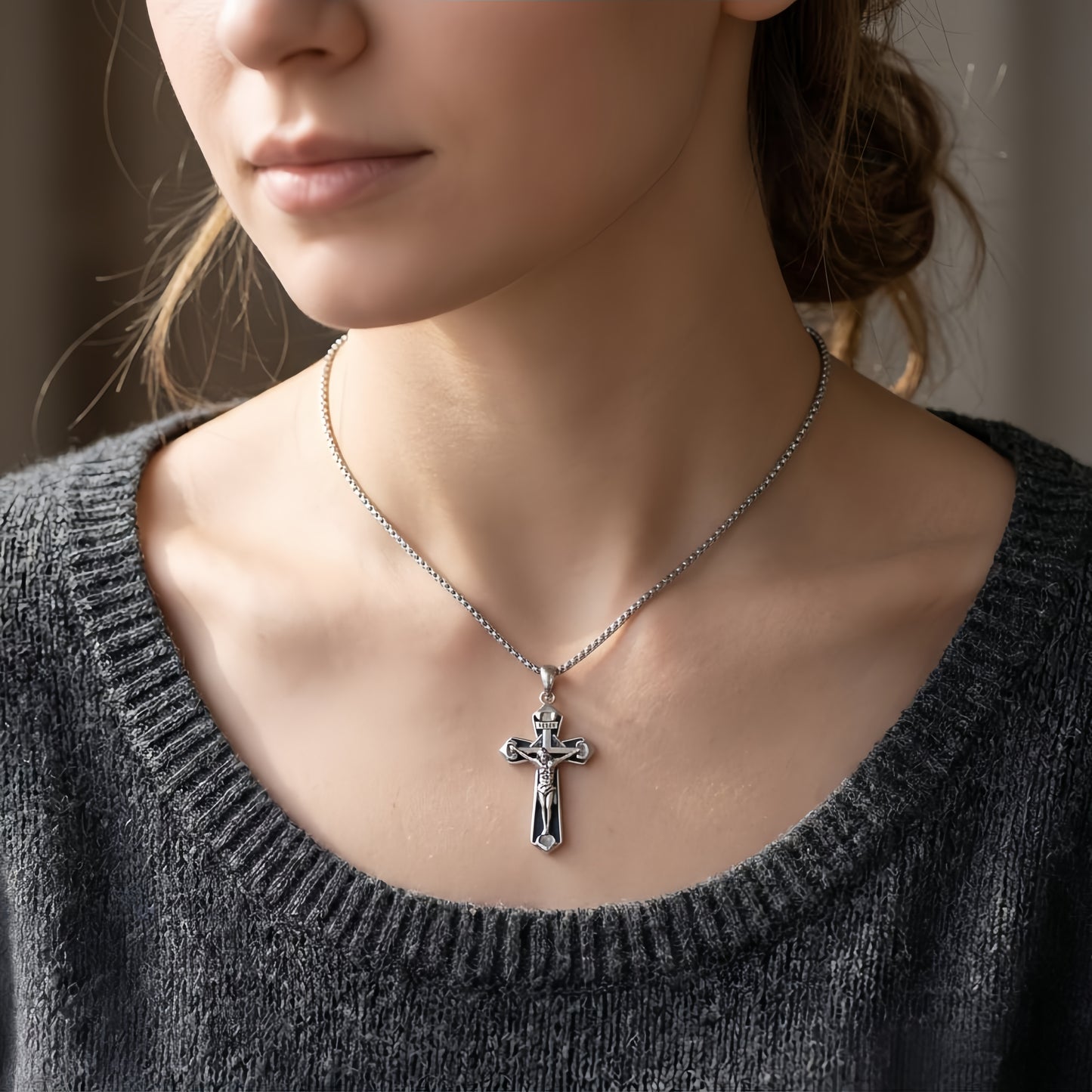 Men's Crucifix Pendant Necklace | Sterling Silver & Stainless Steel | INRI Inscription