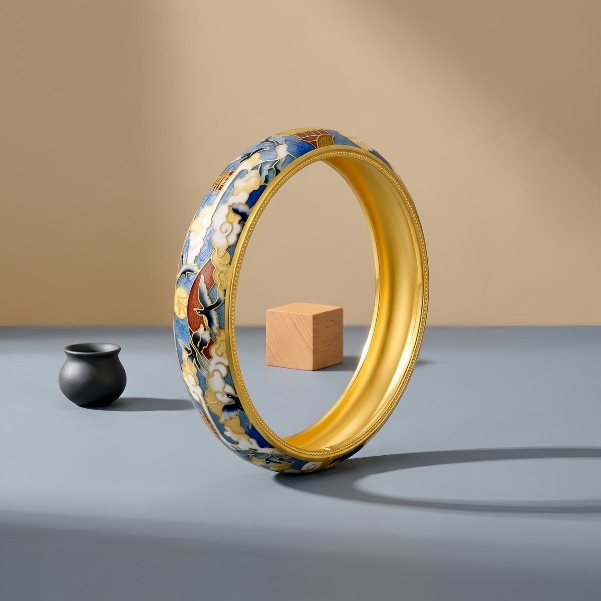 24k Gold Cloisonne Enamel Bangle Bracelet With Crane And Cloud Pattern For Women