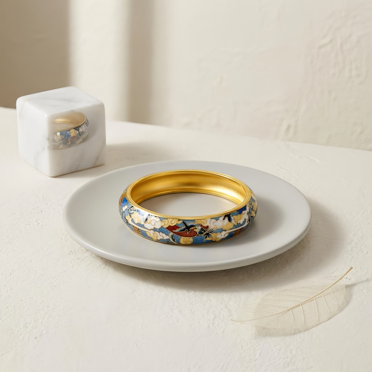 24k Gold Cloisonne Enamel Bangle Bracelet With Crane And Cloud Pattern For Women