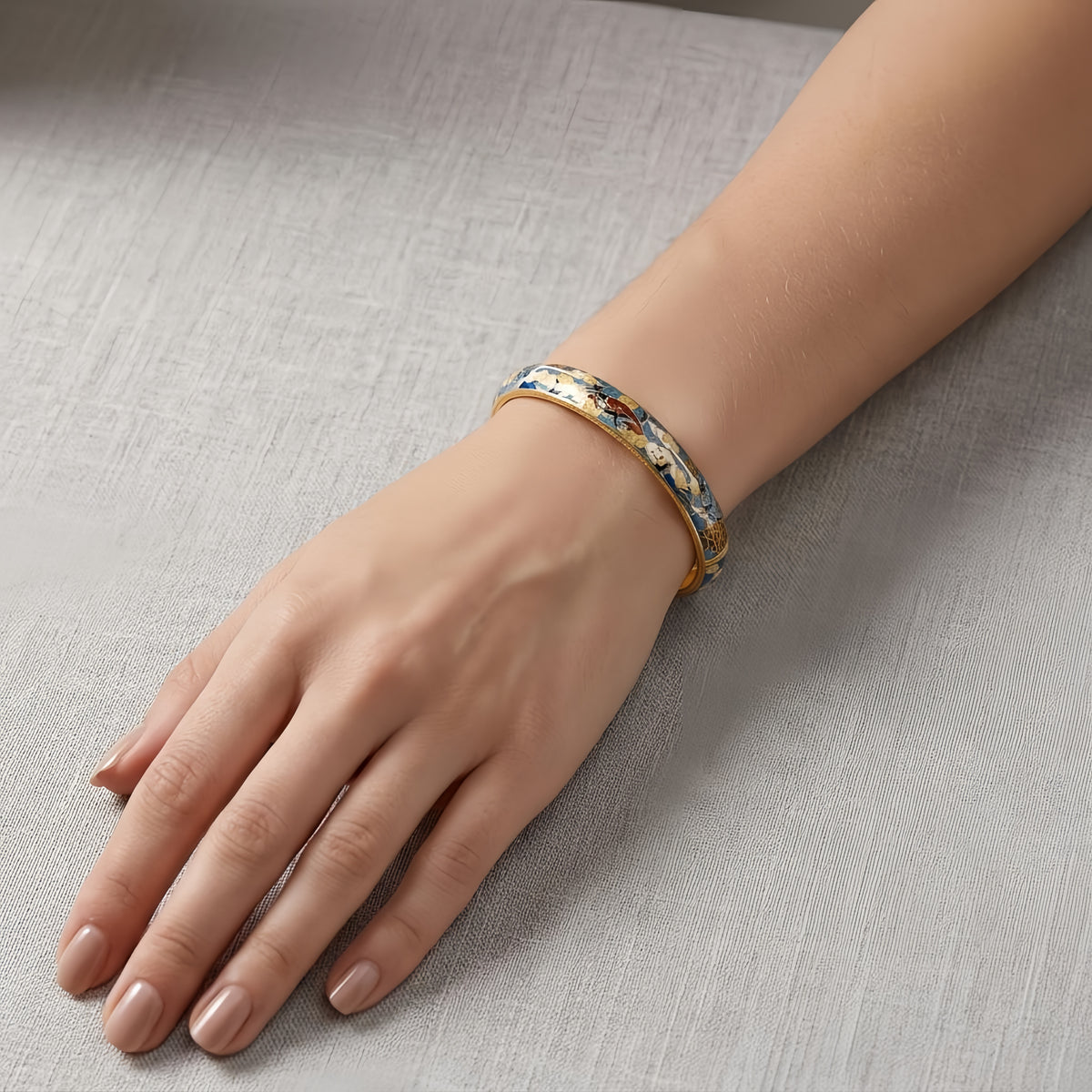 24k Gold Cloisonne Enamel Bangle Bracelet With Crane And Cloud Pattern For Women