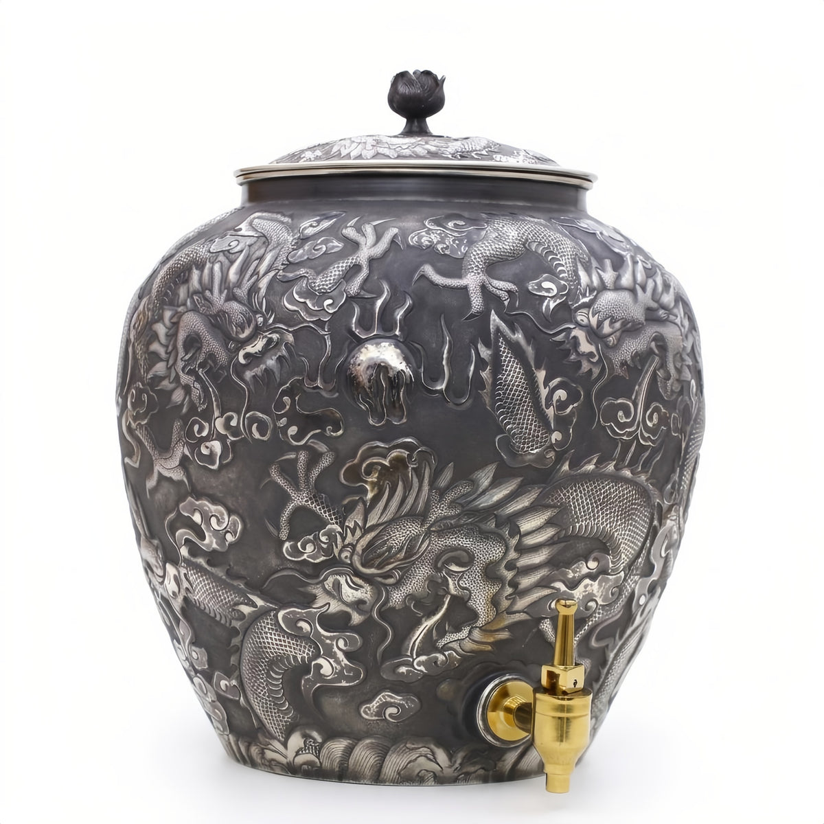 999 fine silver dragon jar with gold spout, floral finial lid and tap, 15 litre