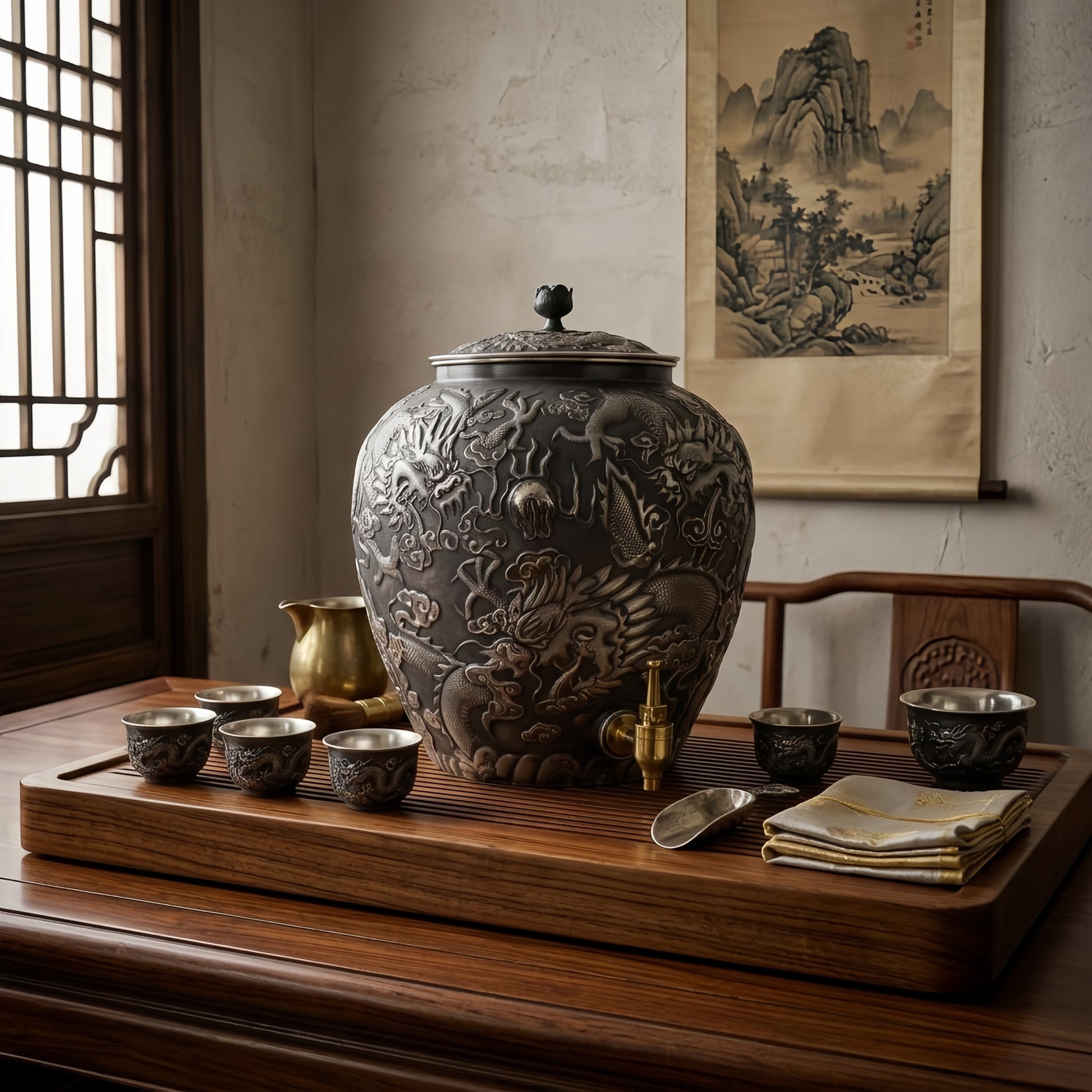 Raised dragon and swirling cloud relief on the 999 fine silver water jar