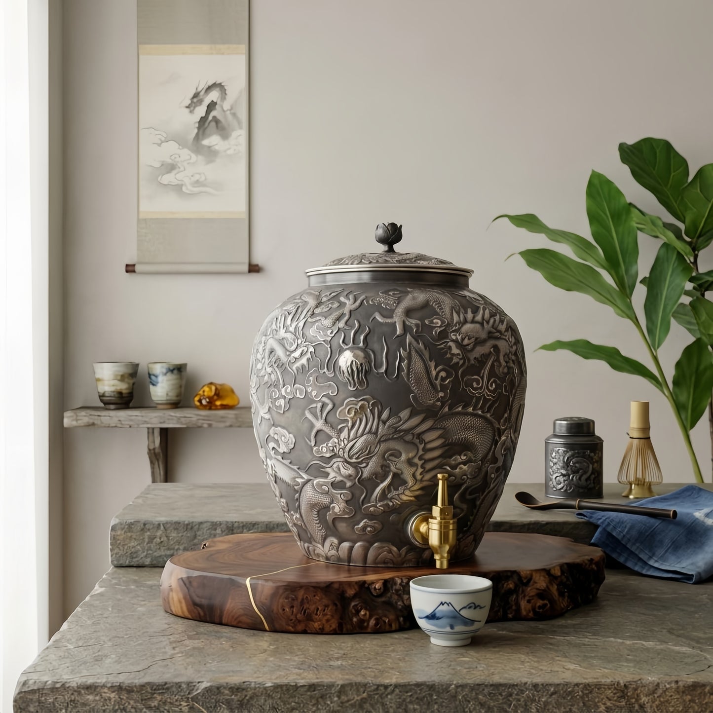 Contrasting gold spout and ornate finial on the 999 fine silver dragon jar
