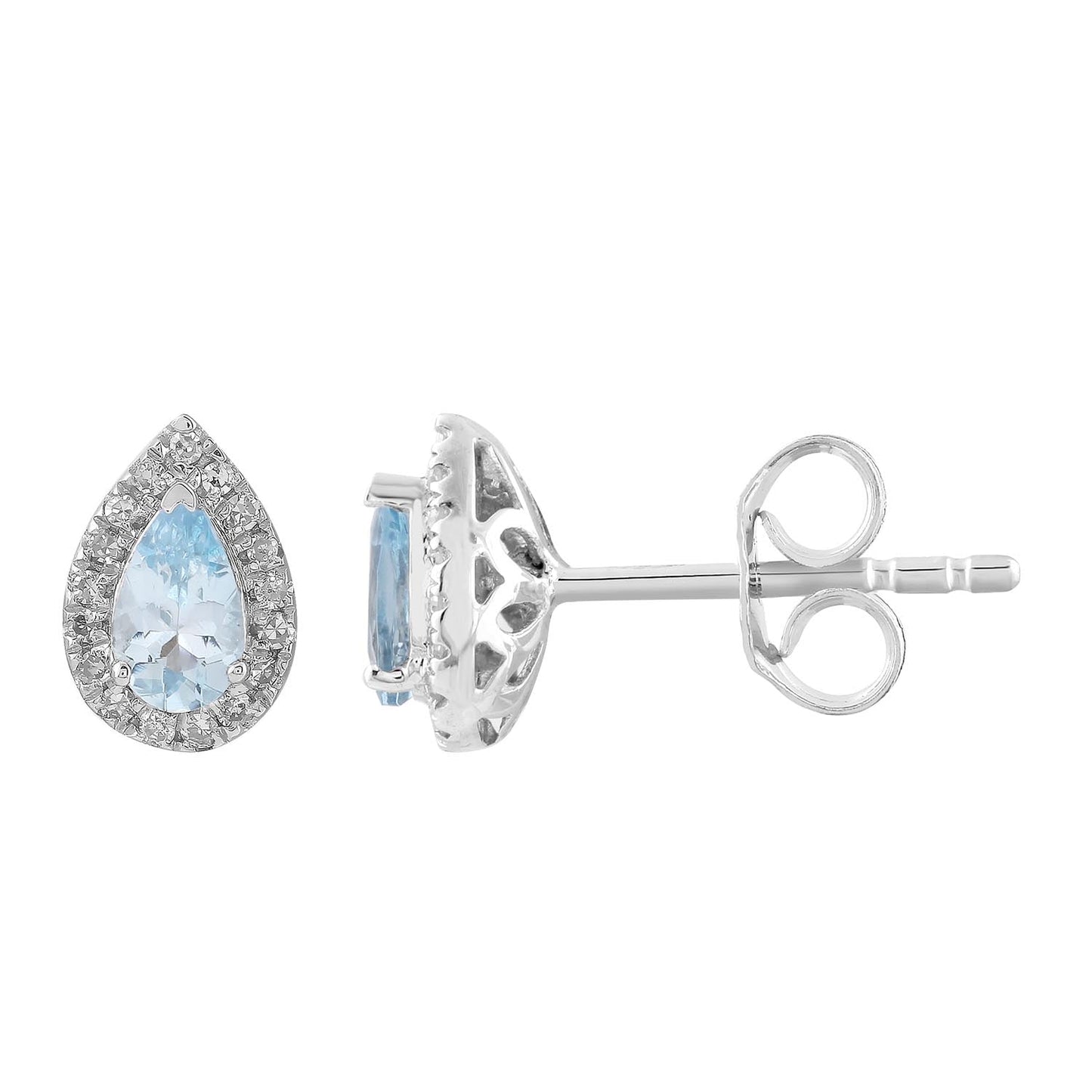 Aquamarine Pear Stud Earrings In 9K White Gold With 0.10ct Diamonds