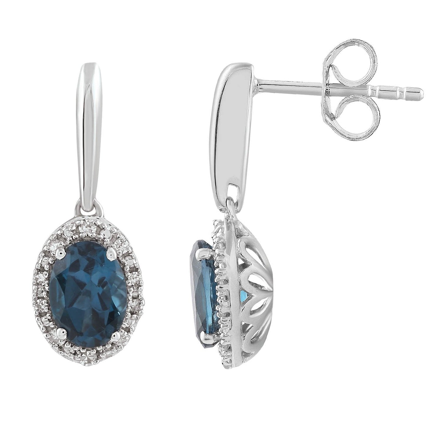 Classic London Blue Topaz Earrings With 0.10ct Diamonds In 9K White Gold
