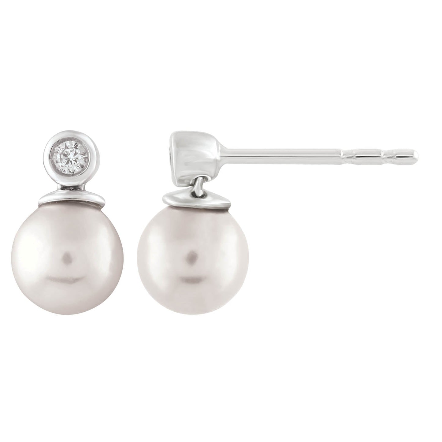 Elegant 9K White Gold Diamond And Pearl Earrings 0.04ct Total