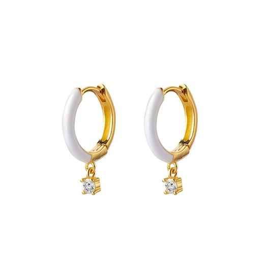 Sterling silver gold plated hoop earrings with white enamel and CZ charm