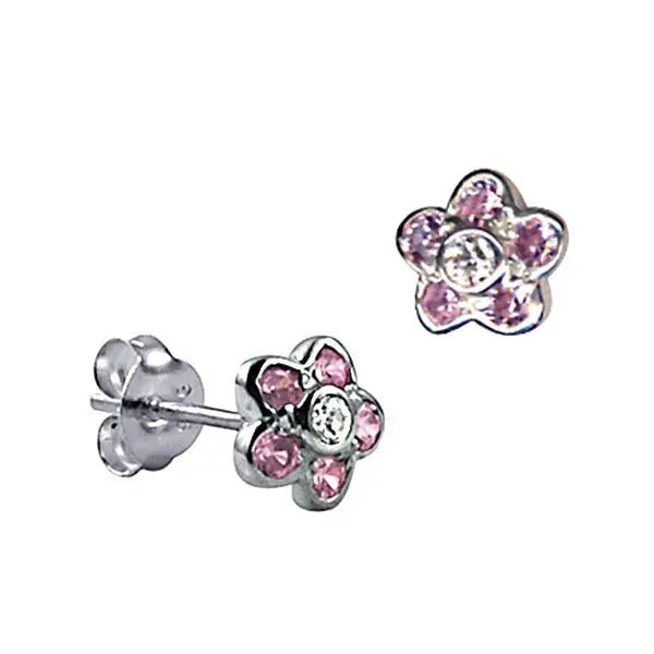 Pink cubic zirconia flower stud earrings in 925 sterling silver by Giulia's Secret