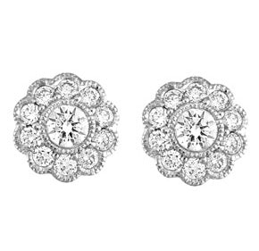 18ct gold flower diamond earrings with milgrain detail