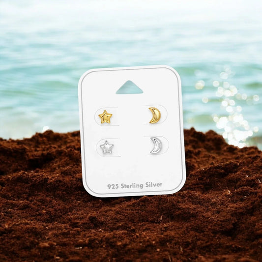 Star and Moon Sterling Silver Ear Studs Set and Jewelry on Card