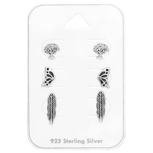 Silver Oxidized Nature Earrings Set on Card
