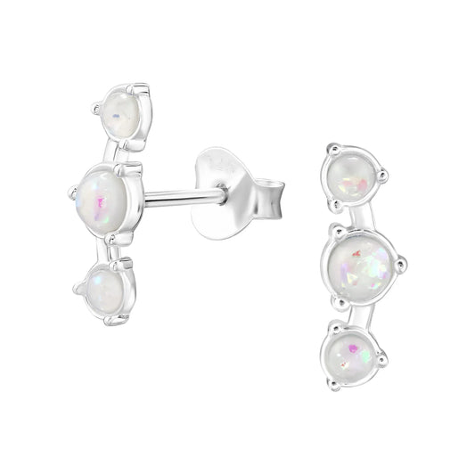 Curved Round Sterling Silver Ear Studs with Imitation Opal