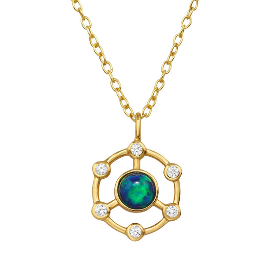 Open Circle Sterling Silver Necklace with Cubic Zirconia and Synthetic Opal