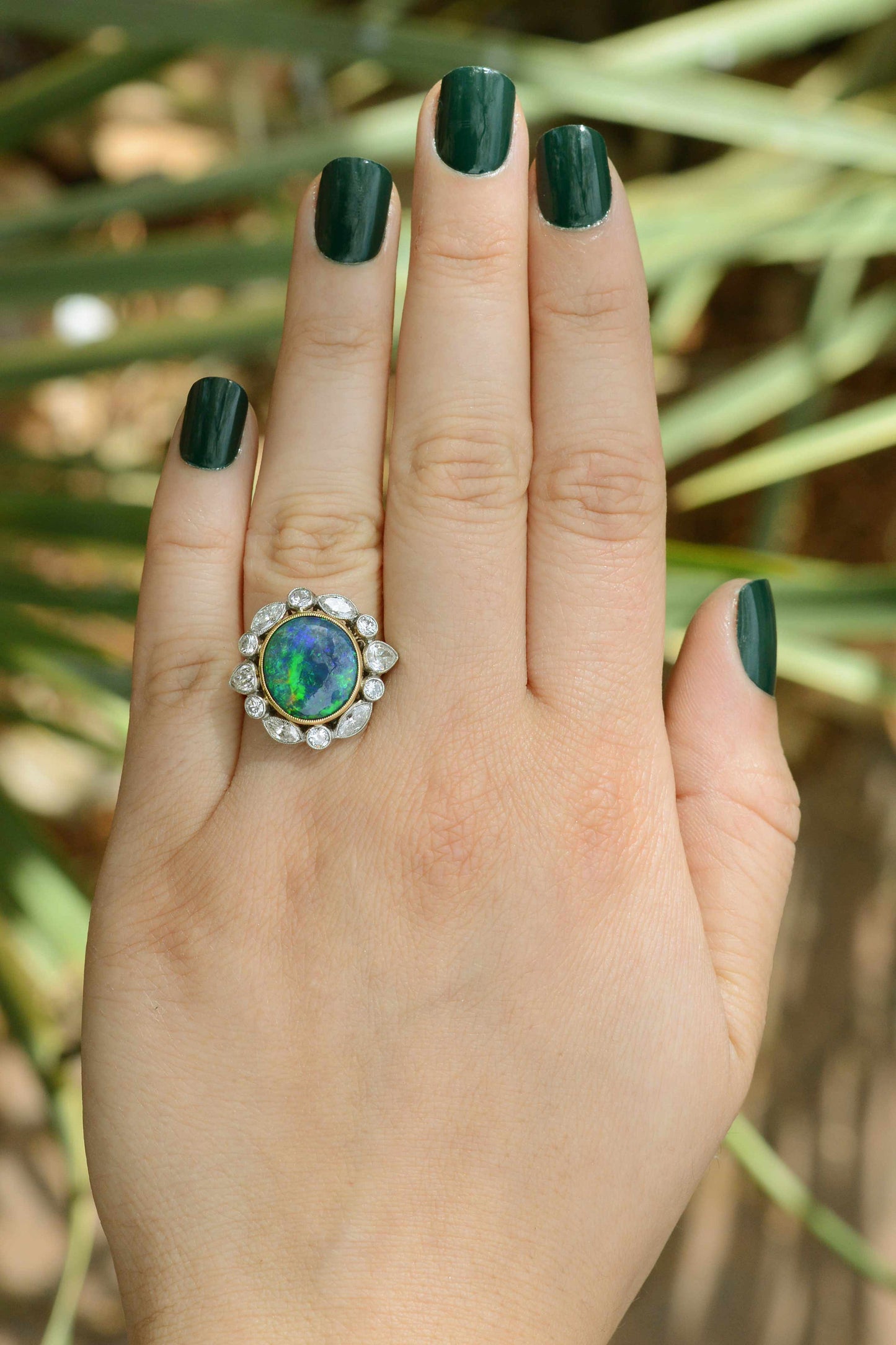 18k Gold 4.5ct Black Opal Diamond Cocktail Ring Lightning Ridge Vintage