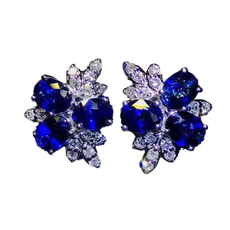 18K Gold  Natural Sapphire Earrings for Women Real Diamond Rhinestone Earrings