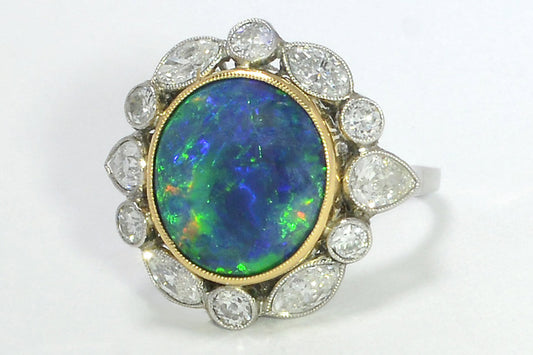 18k Gold 4.5ct Black Opal Diamond Cocktail Ring Lightning Ridge Vintage