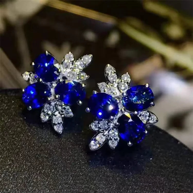 18K Gold  Natural Sapphire Earrings for Women Real Diamond Rhinestone Earrings